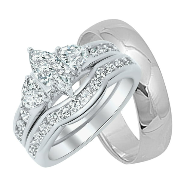 His Her 925 Sterling Silver White Rhodium Wedding Ring Bridal Band Set 